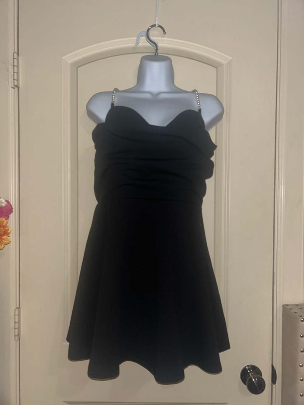 Fashion Nova Black Pearl-Strap A-Line Mini Dress